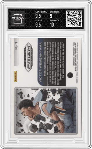 Victor Wembanyama from the 2023-24 Panini Prizm Draft Picks set graded by Arena Club and given an overall grade of 9.5.