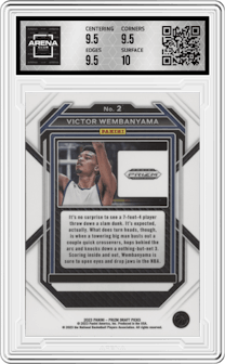 Victor Wembanyama from the 2023-24 Panini Prizm Draft Picks set graded by Arena Club and given an overall grade of 10.