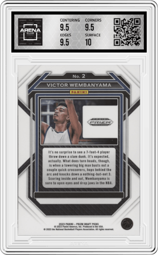 Victor Wembanyama from the 2023-24 Panini Prizm Draft Picks set graded by Arena Club and given an overall grade of 10.