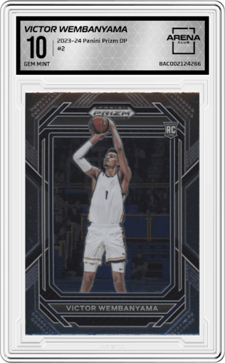 Victor Wembanyama from the 2023-24 Panini Prizm Draft Picks set graded by Arena Club and given an overall grade of 10.