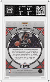 Paul George from the 2022-23 Panini Obsidian set featuring a Electric Etch Green Flood parallel graded by Arena Club and given an overall grade of 9.5.