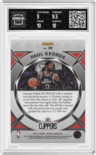 Paul George from the 2022-23 Panini Obsidian set featuring a Electric Etch Green Flood parallel graded by Arena Club and given an overall grade of 9.5.