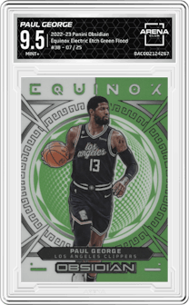 Paul George from the 2022-23 Panini Obsidian set featuring a Electric Etch Green Flood parallel graded by Arena Club and given an overall grade of 9.5.