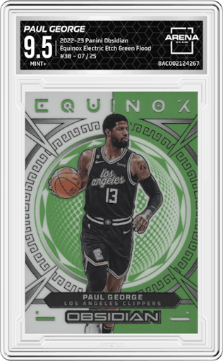 Paul George from the 2022-23 Panini Obsidian set featuring a Electric Etch Green Flood parallel graded by Arena Club and given an overall grade of 9.5.
