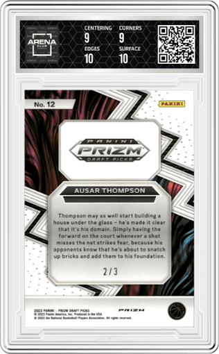 Ausar Thompson from the 2023-24 Panini Prizm Draft Picks set featuring a Green Shimmer FOTL parallel graded by Arena Club and given an overall grade of 9.5.
