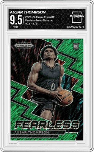 Ausar Thompson from the 2023-24 Panini Prizm Draft Picks set featuring a Green Shimmer FOTL parallel graded by Arena Club and given an overall grade of 9.5.