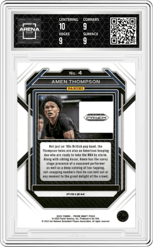 Amen Thompson  from the 2023-24 Panini Prizm Draft Picks set featuring a Venom parallel graded by Arena Club and given an overall grade of 9.5.