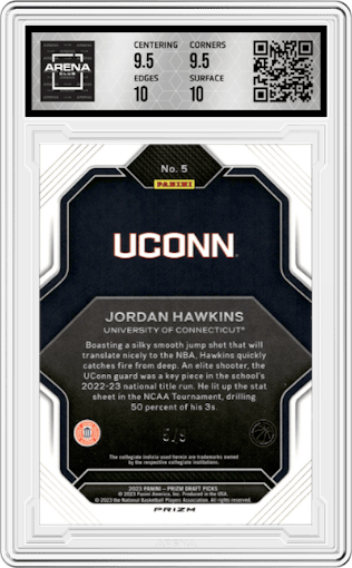 Jordan Hawkins from the 2023-24 Panini Prizm Draft Picks set featuring a Red Shimmer FOTL parallel graded by Arena Club and given an overall grade of 10.