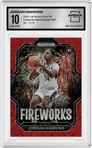 Jordan Hawkins from the 2023-24 Panini Prizm Draft Picks set featuring a Red Shimmer FOTL parallel graded by Arena Club and given an overall grade of 10.