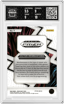 Victor Wembanyama from the 2023-24 Panini Prizm Draft Picks set featuring a Silver Prizm parallel graded by Arena Club and given an overall grade of 9.5.