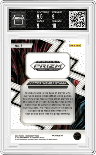 Victor Wembanyama from the 2023-24 Panini Prizm Draft Picks set featuring a Silver Prizm parallel graded by Arena Club and given an overall grade of 9.5.