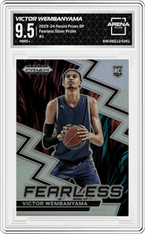 Victor Wembanyama from the 2023-24 Panini Prizm Draft Picks set featuring a Silver Prizm parallel graded by Arena Club and given an overall grade of 9.5.