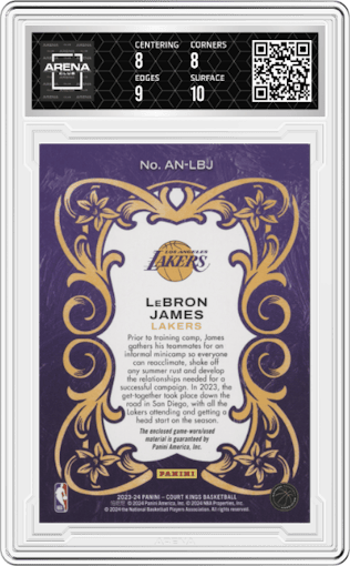 LeBron James from the 2023-24 Panini Court Kings set graded by Arena Club and given an overall grade of 8.5.