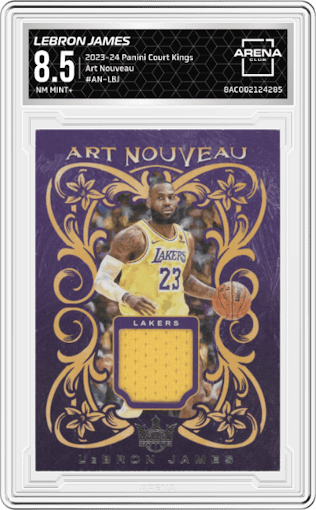 LeBron James from the 2023-24 Panini Court Kings set graded by Arena Club and given an overall grade of 8.5.
