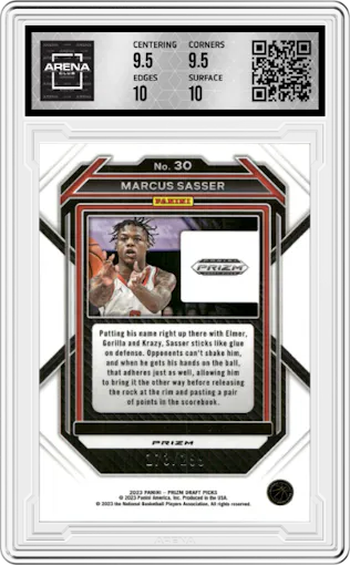 Marcus Sasser from the 2023-24 Panini Prizm Draft Picks set featuring a Red Prizm parallel graded by Arena Club and given an overall grade of 10.