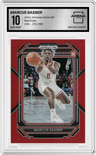 Marcus Sasser from the 2023-24 Panini Prizm Draft Picks set featuring a Red Prizm parallel graded by Arena Club and given an overall grade of 10.