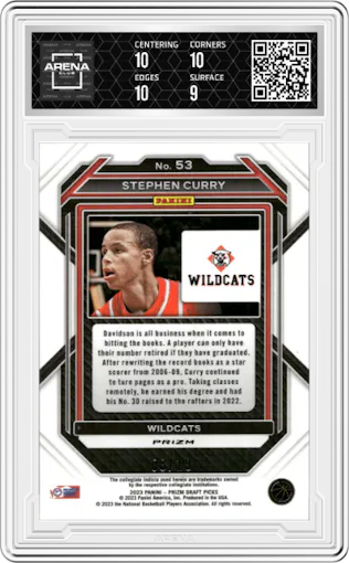 Stephen Curry from the 2023-24 Panini Prizm Draft Picks set featuring a Blue Shimmer parallel graded by Arena Club and given an overall grade of 9.5.