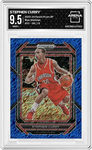 Stephen Curry from the 2023-24 Panini Prizm Draft Picks set featuring a Blue Shimmer parallel graded by Arena Club and given an overall grade of 9.5.