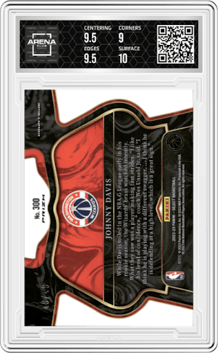  Johnny Davis from the 2022-23 Panini Select set featuring a Disco Red parallel graded by Arena Club and given an overall grade of 9.5.
