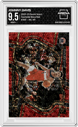 Johnny Davis from the 2022-23 Panini Select set featuring a Disco Red parallel graded by Arena Club and given an overall grade of 9.5.