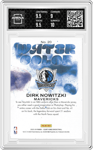Dirk Nowitzki from the 2023-24 Panini Court Kings set graded by Arena Club and given an overall grade of 9.5.