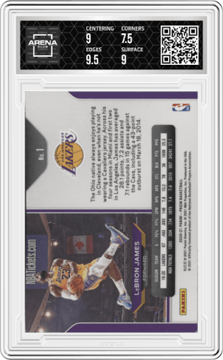 LeBron James from the 2020-21 Panini Prizm set graded by Arena Club and given an overall grade of 8.