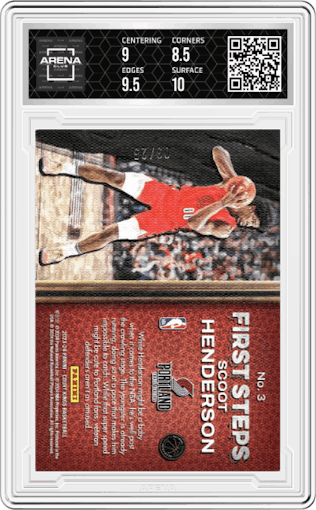 Scoot Henderson from the 2023-24 Panini Court Kings set featuring a Sapphire parallel graded by Arena Club and given an overall grade of 9.
