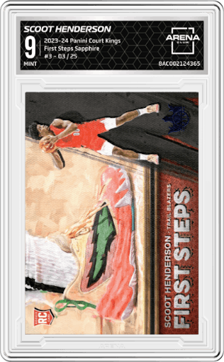 Scoot Henderson from the 2023-24 Panini Court Kings set featuring a Sapphire parallel graded by Arena Club and given an overall grade of 9.