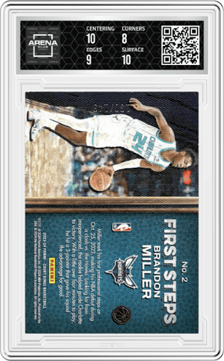 Brandon Miller from the 2022-23 Panini Court Kings set featuring a Ruby parallel graded by Arena Club and given an overall grade of 8.5.