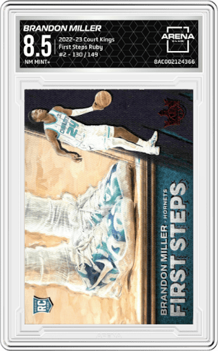 Brandon Miller from the 2022-23 Panini Court Kings set featuring a Ruby parallel graded by Arena Club and given an overall grade of 8.5.
