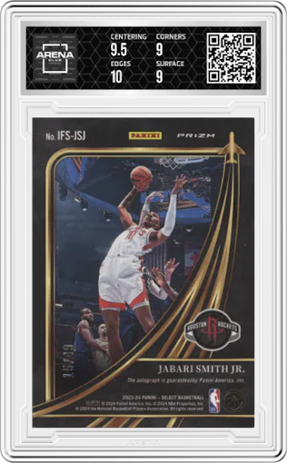 Jabari Smith Jr. from the 2023-24 Panini Select  set featuring a Blue Prizm parallel graded by Arena Club and given an overall grade of 9.5.