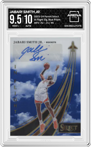 Jabari Smith Jr. from the 2023-24 Panini Select  set featuring a Blue Prizm parallel graded by Arena Club and given an overall grade of 9.5.