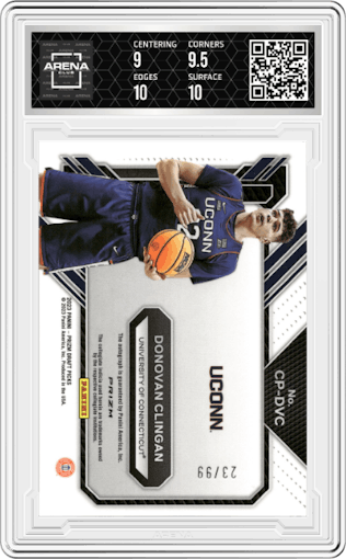 Donovan Clingan from the 2023-24 Panini Prizm Draft Picks set featuring a Purple Ice parallel graded by Arena Club and given an overall grade of 9.5.