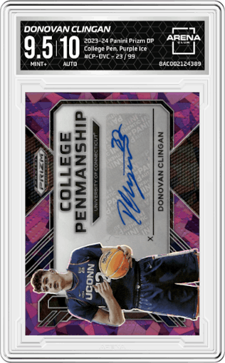 Donovan Clingan from the 2023-24 Panini Prizm Draft Picks set featuring a Purple Ice parallel graded by Arena Club and given an overall grade of 9.5.