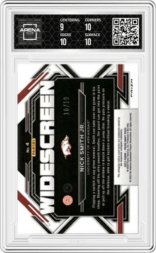 Nick Smith Jr. from the 2023-24 Panini Prizm Draft Picks set featuring a Blue Shimmer FOTL parallel graded by Arena Club and given an overall grade of 9.5.