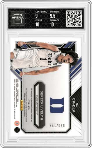 Dereck Lively II from the 2023-24 Panini Prizm Draft Picks set featuring a Blue Prizm parallel graded by Arena Club and given an overall grade of 9.5.