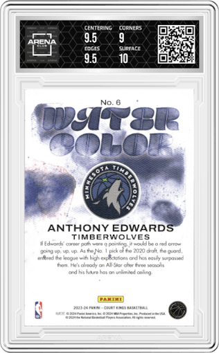 Anthony Edwards from the 2023-24 Panini Court Kings set graded by Arena Club and given an overall grade of 9.5.
