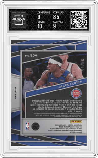 Jalen Duren from the 2022-23 Panini Spectra set featuring a Supernova parallel graded by Arena Club and given an overall grade of 9.