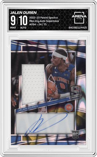 Jalen Duren from the 2022-23 Panini Spectra set featuring a Supernova parallel graded by Arena Club and given an overall grade of 9.