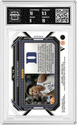 Paolo Banchero from the 2023-24 Panini Prizm Draft Picks set featuring a Venom parallel graded by Arena Club and given an overall grade of 9.5.