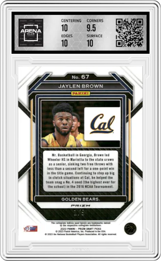 Jaylen Brown from the 2023-24 Panini Prizm Draft Picks set featuring a Red Shimmer FOTL parallel graded by Arena Club and given an overall grade of 10.
