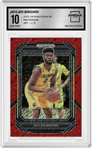 Jaylen Brown from the 2023-24 Panini Prizm Draft Picks set featuring a Red Shimmer FOTL parallel graded by Arena Club and given an overall grade of 10.