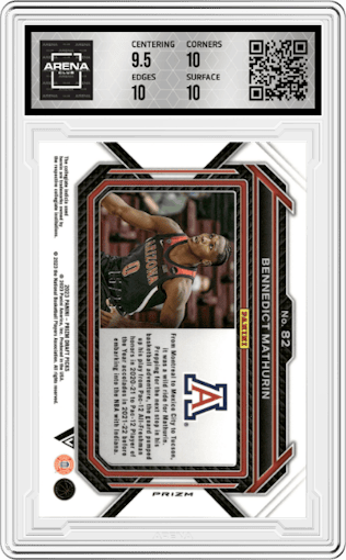 Bennedict Mathurin  from the 2023-24 Panini Prizm Draft Picks set featuring a Mojo parallel graded by Arena Club and given an overall grade of 10.