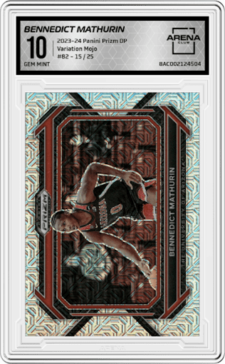 Bennedict Mathurin  from the 2023-24 Panini Prizm Draft Picks set featuring a Mojo parallel graded by Arena Club and given an overall grade of 10.