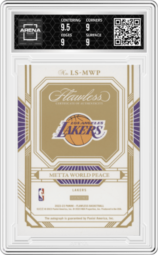 Metta World Peace from the 2022-23 Panini Flawless set featuring a Blue parallel graded by Arena Club and given an overall grade of 9.