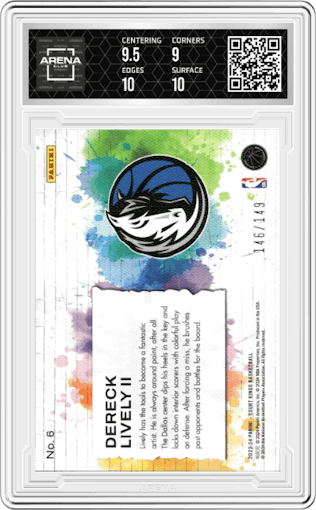 Dereck Lively II from the 2023-24 Panini Court Kings set featuring a Ruby parallel graded by Arena Club and given an overall grade of 9.5.