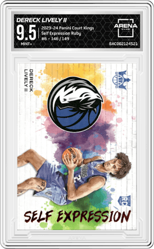 Dereck Lively II from the 2023-24 Panini Court Kings set featuring a Ruby parallel graded by Arena Club and given an overall grade of 9.5.
