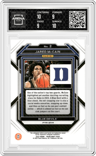 Jared McCain from the 2023-24 Panini Prizm Draft Picks set featuring a Venom parallel graded by Arena Club and given an overall grade of 9.5.