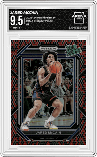 Jared McCain from the 2023-24 Panini Prizm Draft Picks set featuring a Venom parallel graded by Arena Club and given an overall grade of 9.5.