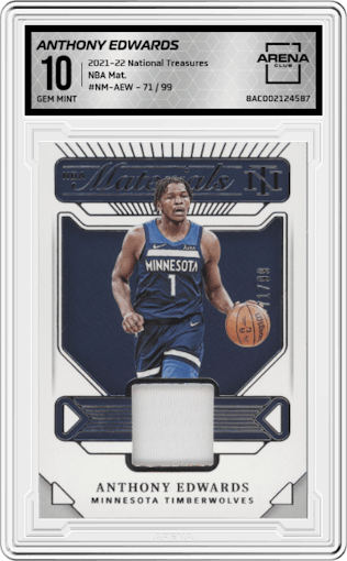 Anthony Edwards from the 2021-22 Panini National Treasures set graded by Arena Club and given an overall grade of 10.